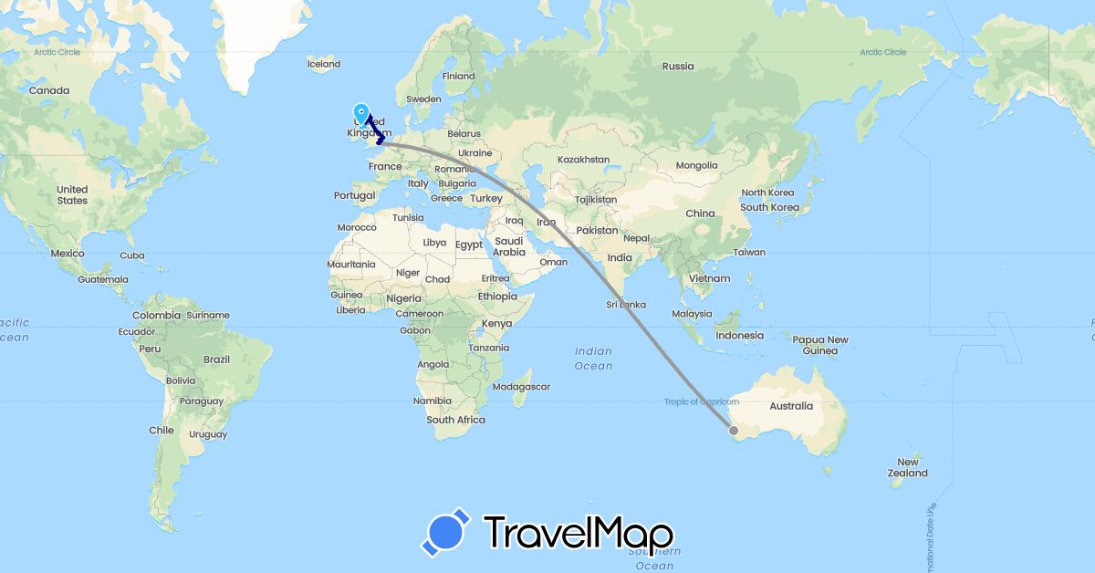 TravelMap itinerary: driving, plane, train, boat in Australia, United Kingdom (Europe, Oceania)